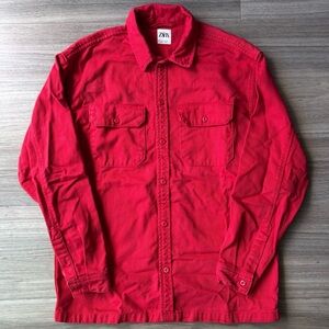 Zara Red Cotton Denim Button Down Jacket Small
